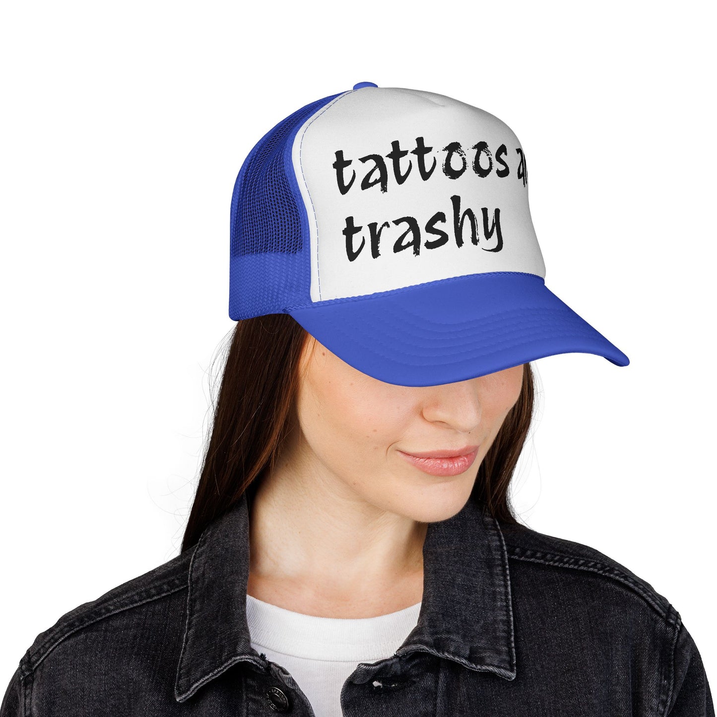Trucker Cap with 'Tattoos Are Trashy' Design, Fun Gift for Tattoo Lovers, Retro Style Hat, Trendy Fashion Accessory, Unique Statement Piece