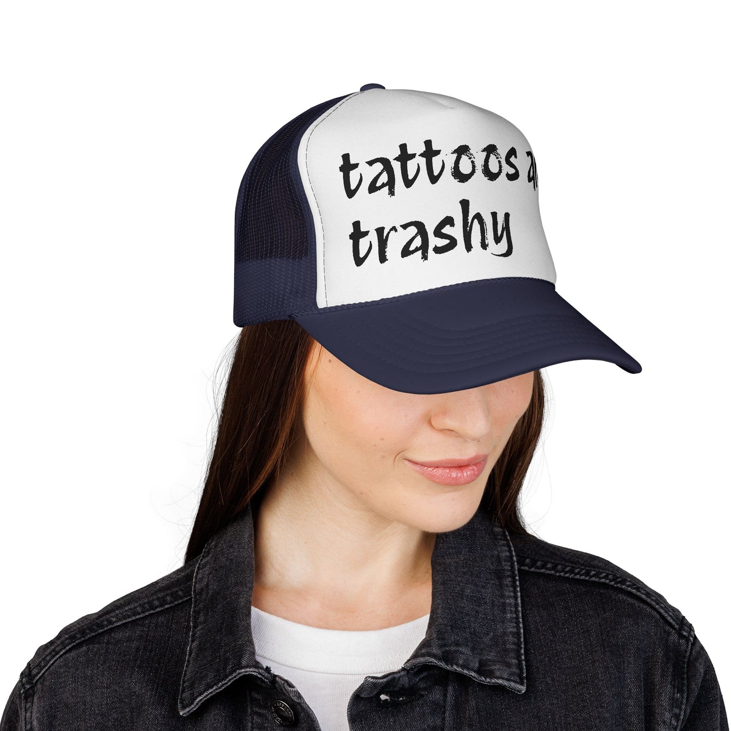 Trucker Cap with 'Tattoos Are Trashy' Design, Fun Gift for Tattoo Lovers, Retro Style Hat, Trendy Fashion Accessory, Unique Statement Piece