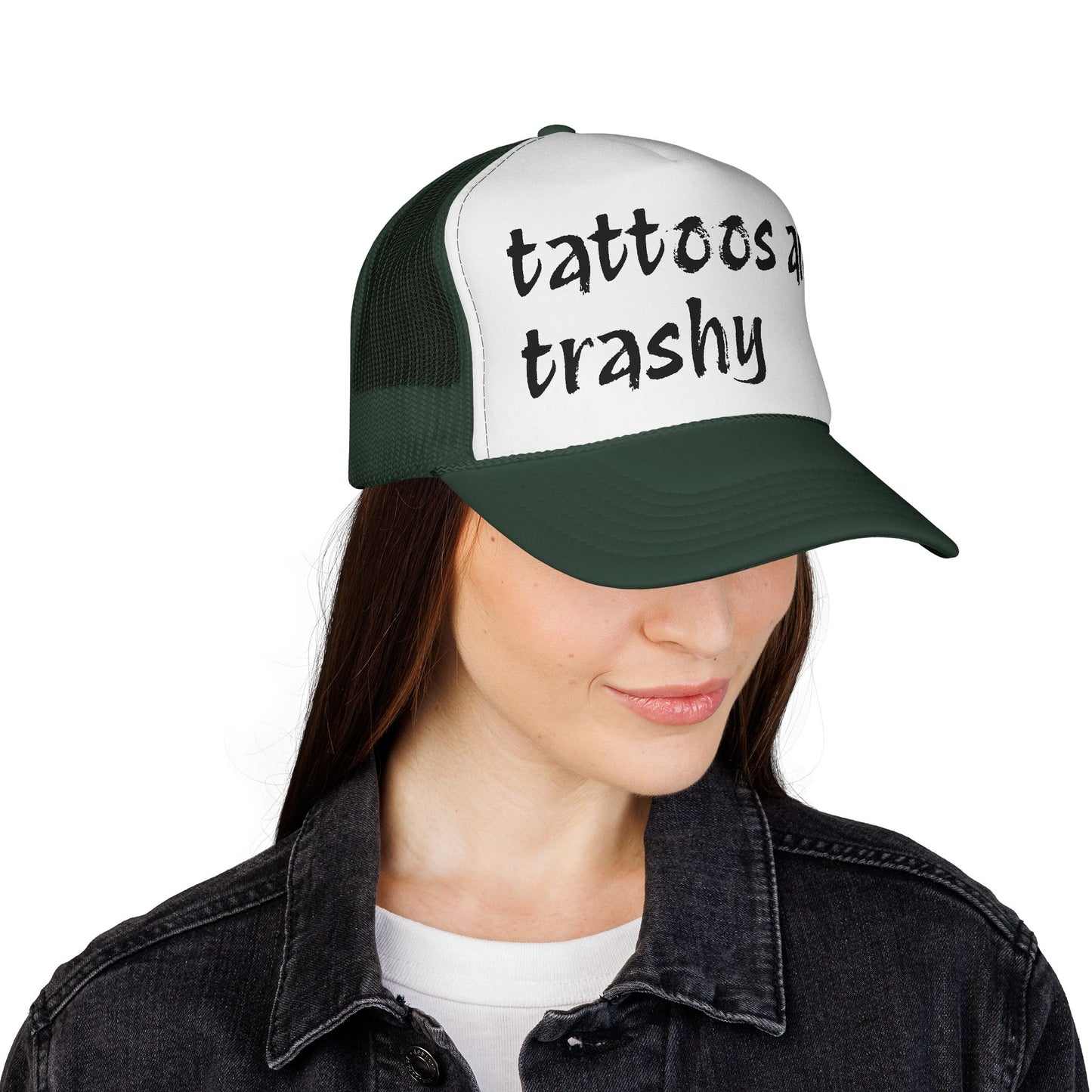 Trucker Cap with 'Tattoos Are Trashy' Design, Fun Gift for Tattoo Lovers, Retro Style Hat, Trendy Fashion Accessory, Unique Statement Piece