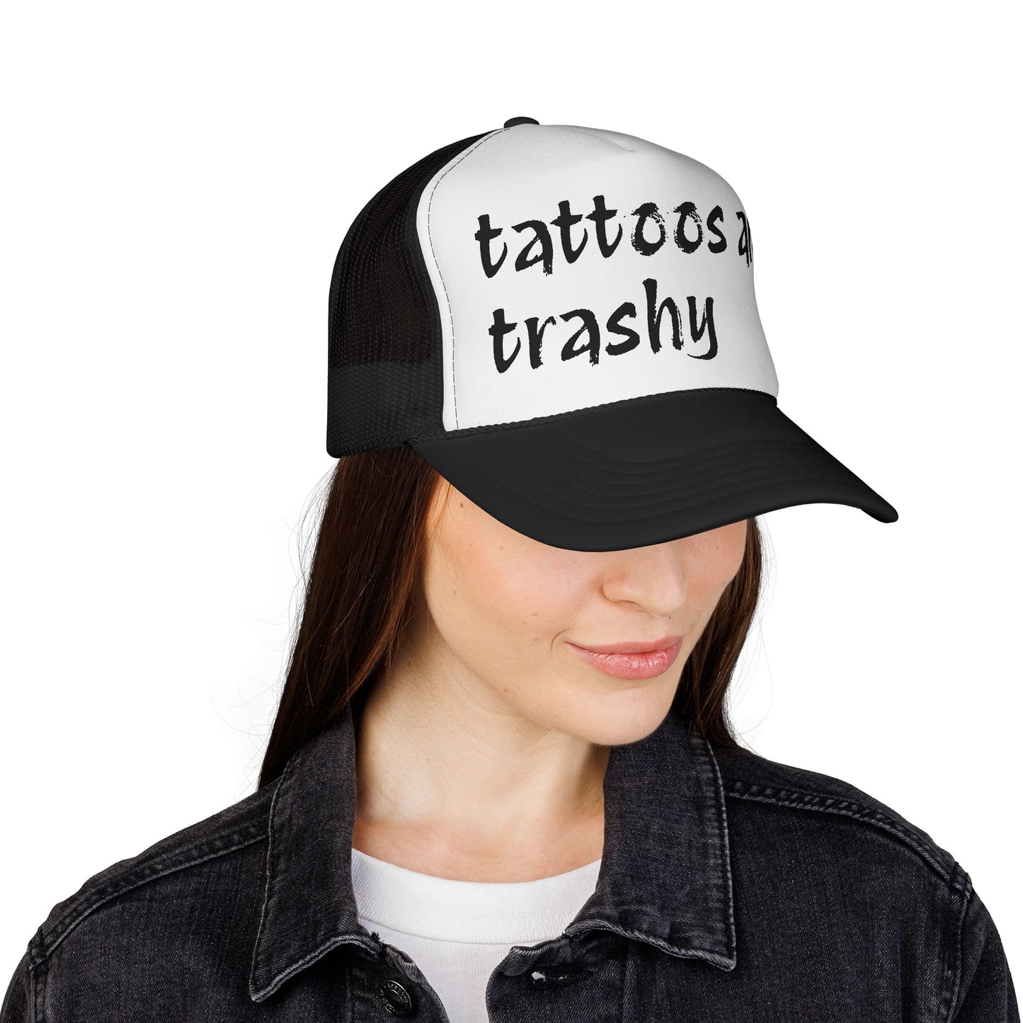 Trucker Cap with 'Tattoos Are Trashy' Design, Fun Gift for Tattoo Lovers, Retro Style Hat, Trendy Fashion Accessory, Unique Statement Piece