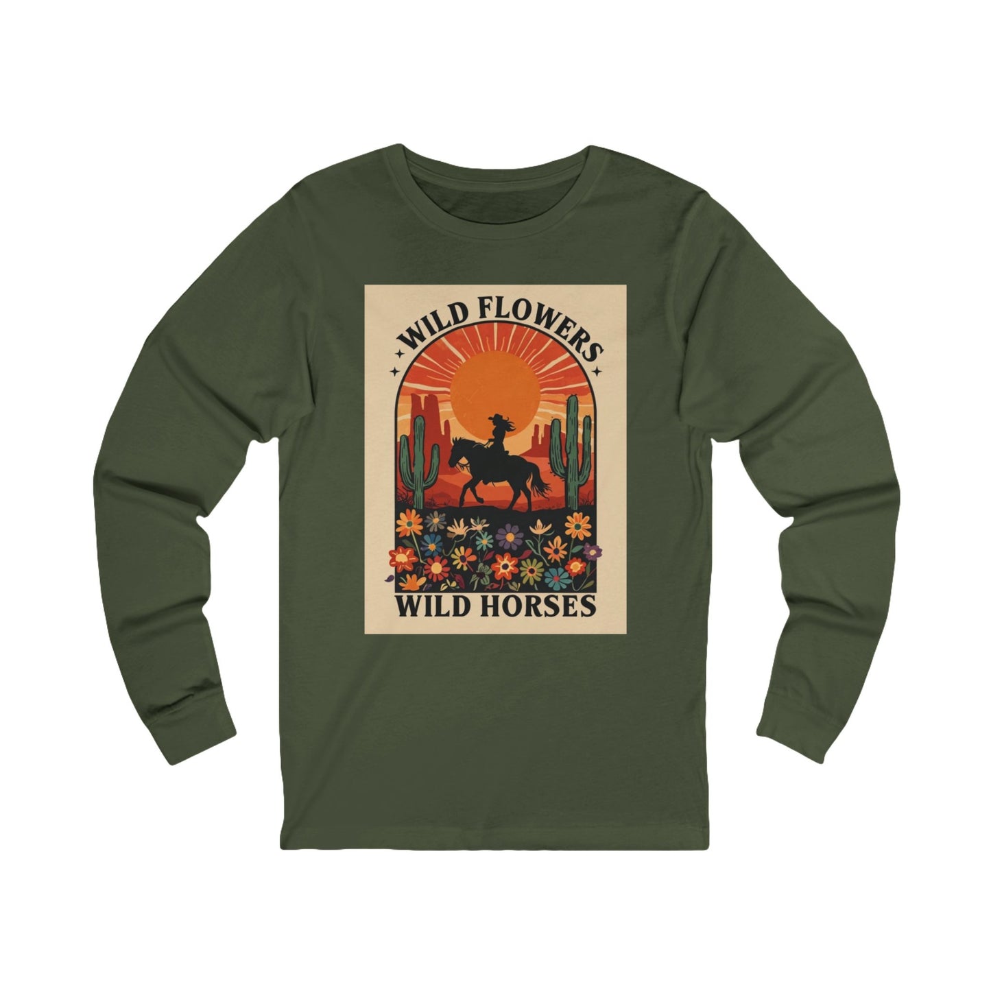 Wild Horses Unisex Long Sleeve Tee, Bohemian Style T-Shirt, Western Graphic Tee, Perfect Gift for Nature Lovers, Casual Everyday Wear