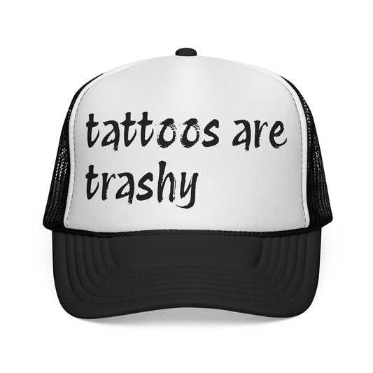 Trucker Cap with 'Tattoos Are Trashy' Design, Fun Gift for Tattoo Lovers, Retro Style Hat, Trendy Fashion Accessory, Unique Statement Piece